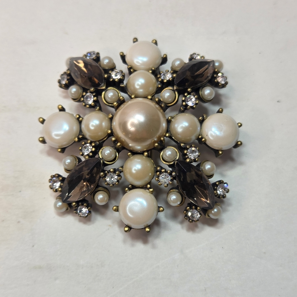 vtg smokey quartz faux pearl heraldic maltese cross brooch pin goldtone costume